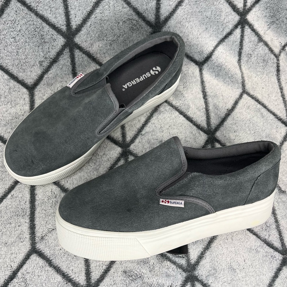 Superga Grey Suede Platform Slip On Sneakers